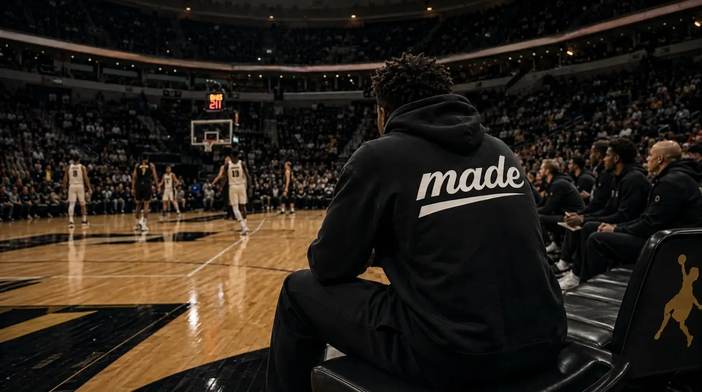 Athlete in a black MADE ISSUE hoodie with the made wordmark on the back, seated courtside at a packed arena