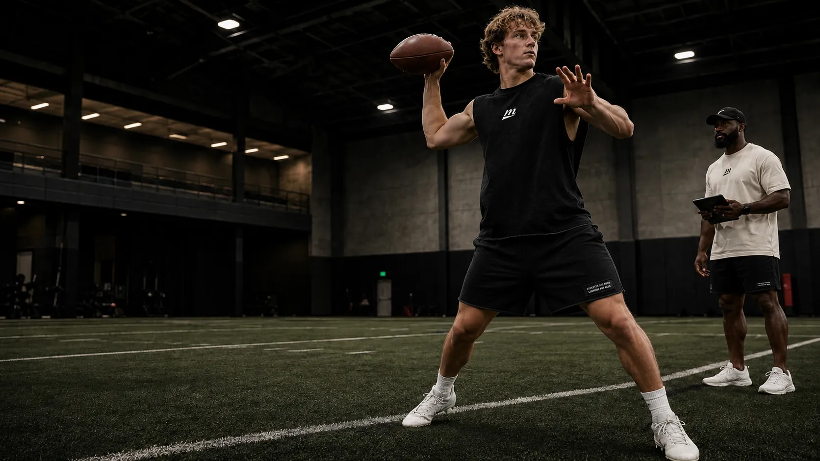 Quarterback in a MADE ISSUE cutoff tank throwing during an indoor training session