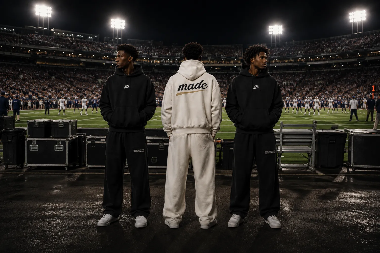 Three athletes in MADE ISSUE hoodies and sweatpants standing on the sideline of a floodlit stadium